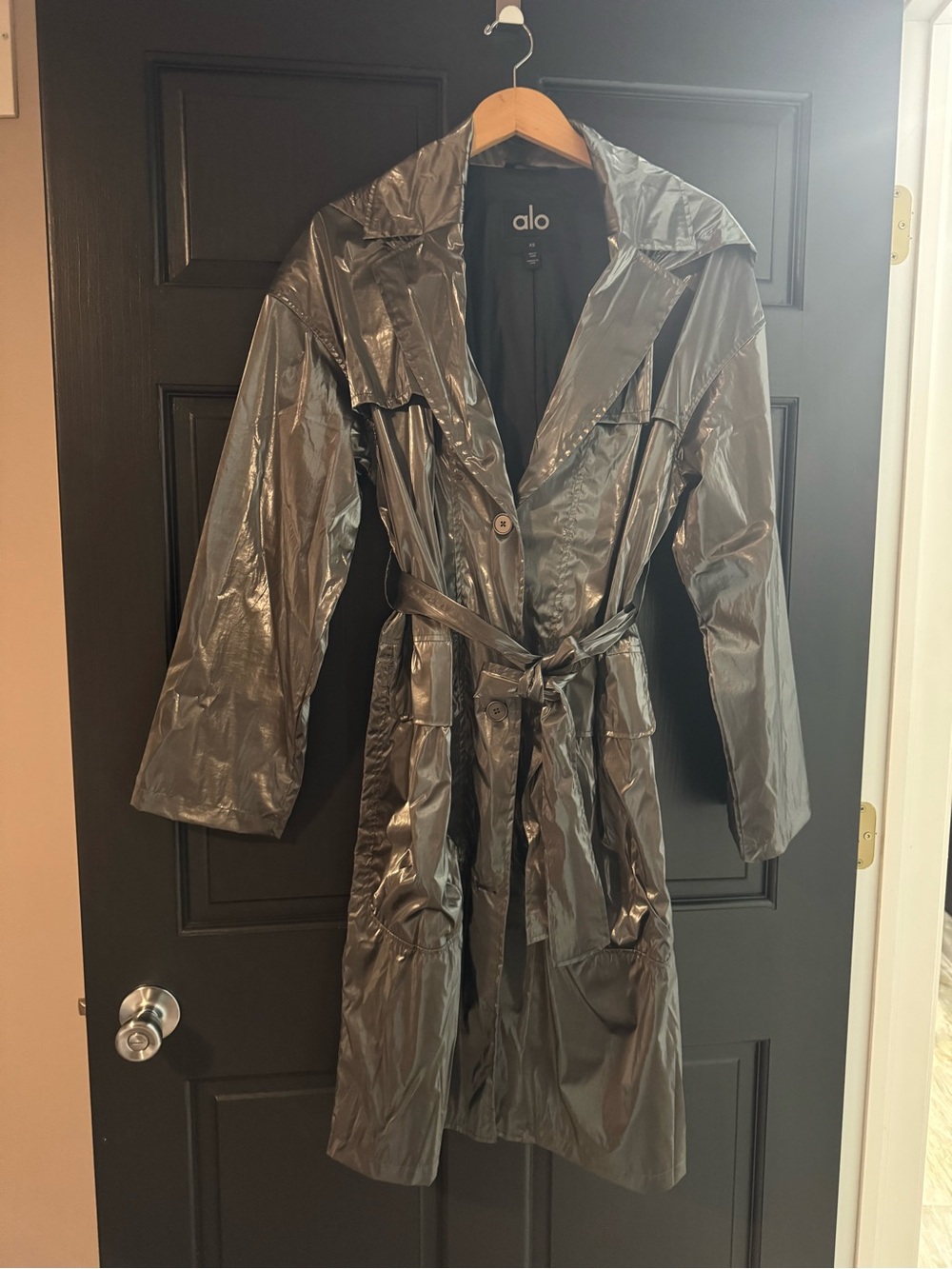 ALO Yoga Shiny Silver Trench Coat with Waist Tie